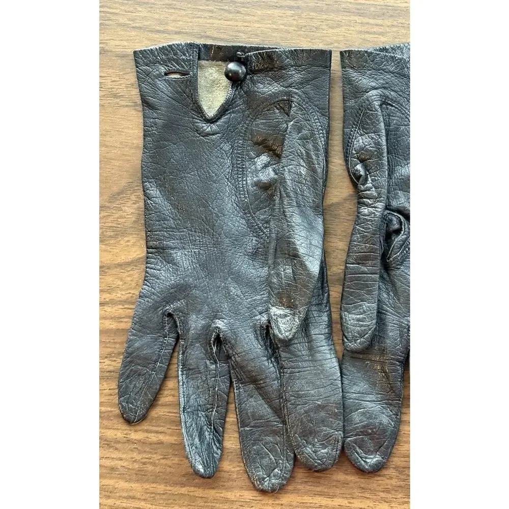 Vtg Black Leather Driving Gloves Womens 7 Button